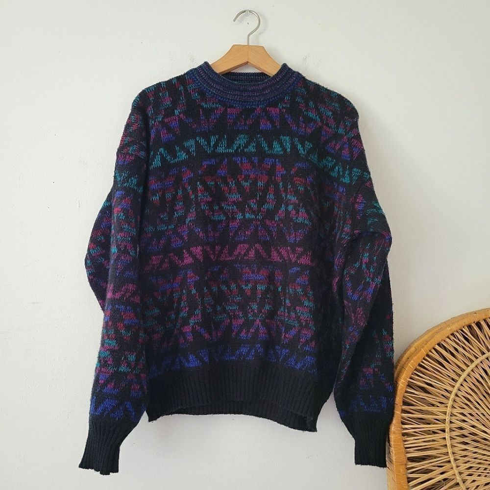 Vintage 90s Fair Isle Sweater Pullover Black/Blue/Teal/Purple L
